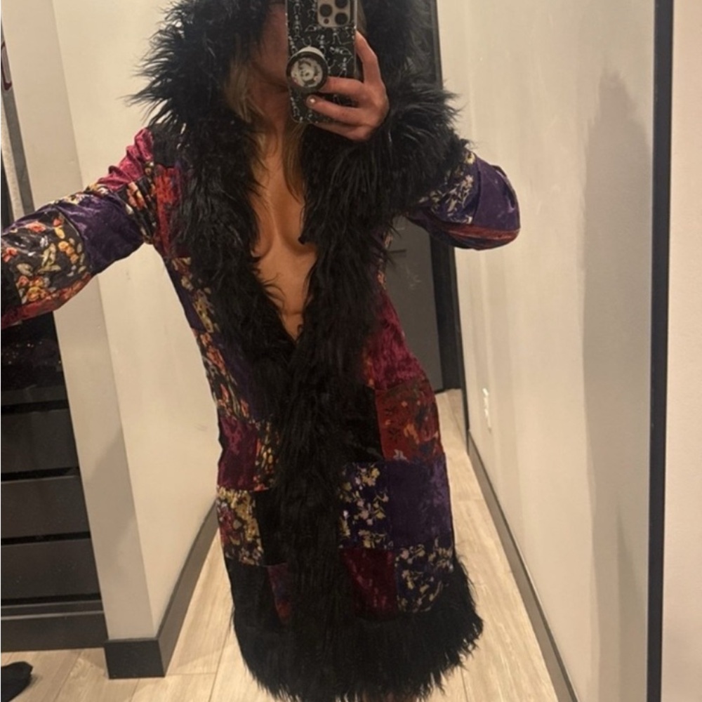 Price drop  Colorful Goth velour penny lane patchwork black faux fur trim coat
